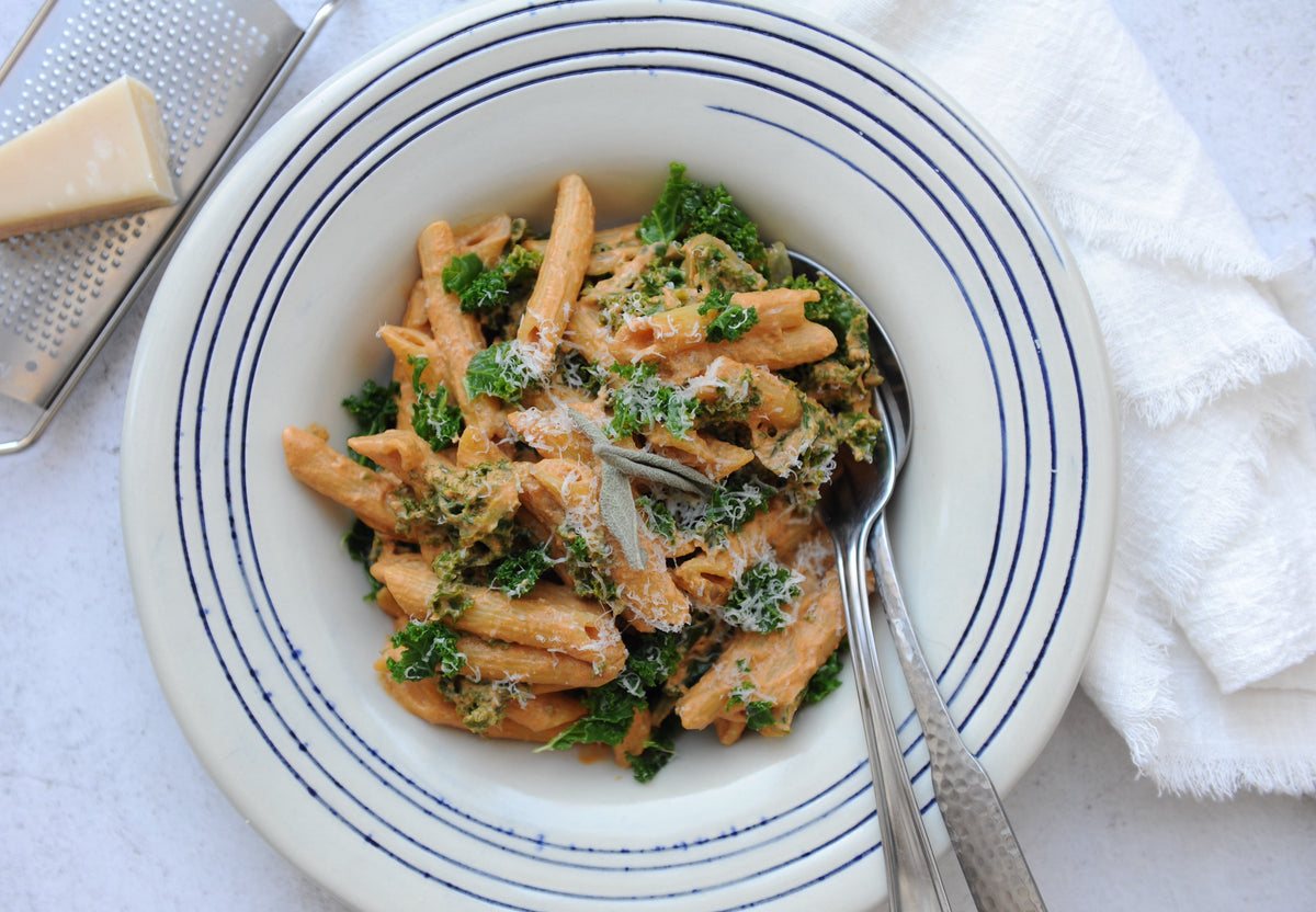 Creamy SunDried Tomato Sage Pasta + Kale Catenafarm