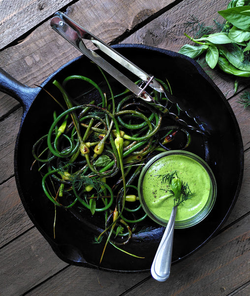 Charred Garlic Scapes + Herbed Cashew Sauce