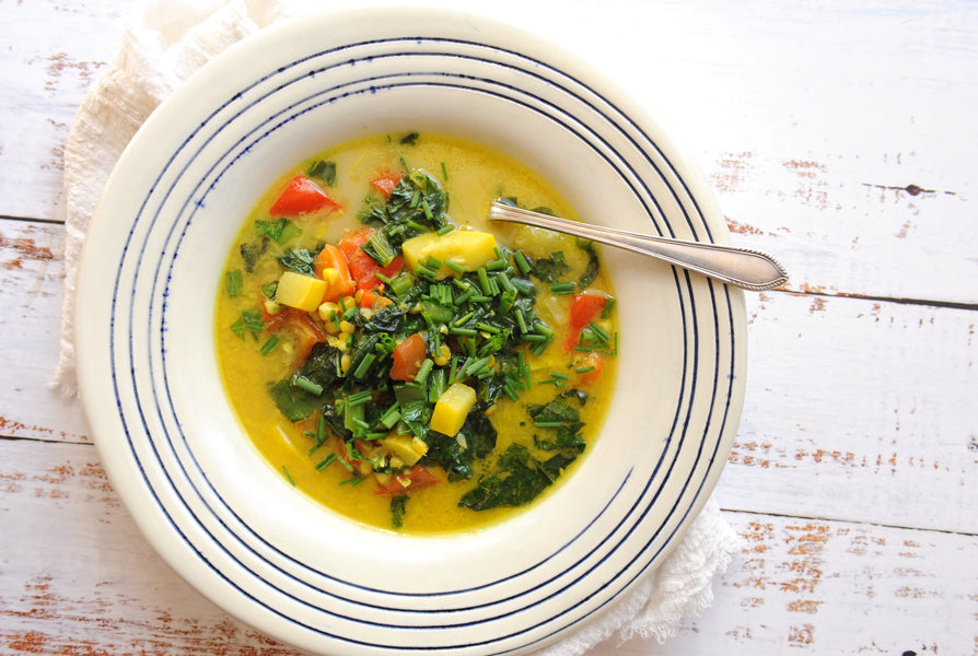 Indian Spiced Coconut Corn Soup + Greens