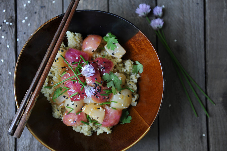 Radis et navets pochés au miso