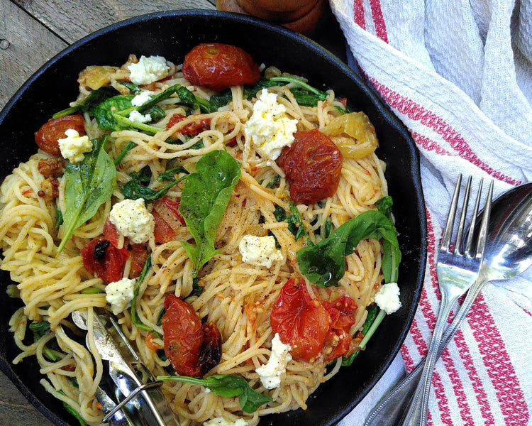 Pasta with Cherry Tomato and Fennel Confit + Whipped Feta
